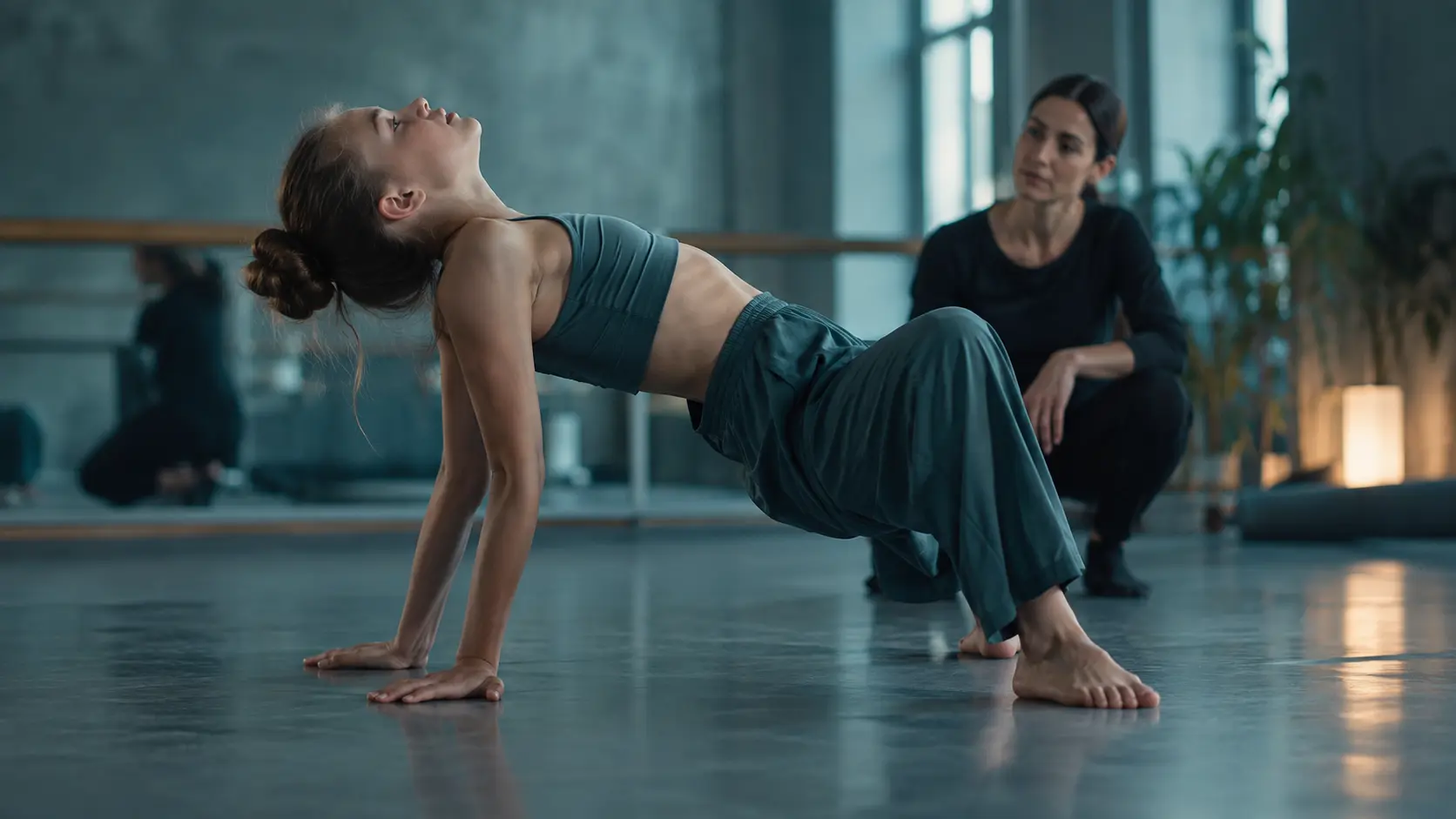 A young dancer practicing contemporary movement with her teacher nearby.