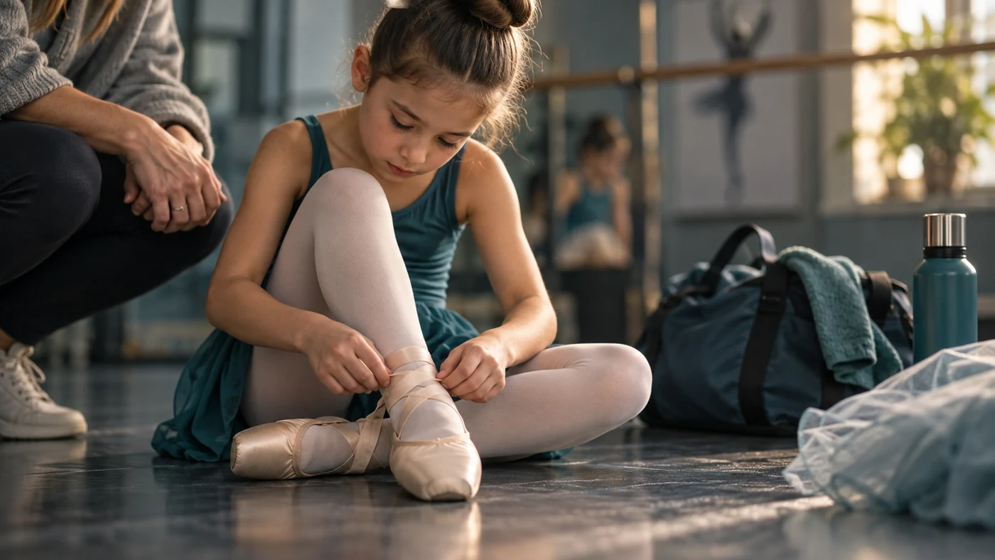 A young dancer carefully lacing her pointe shoes before practice.