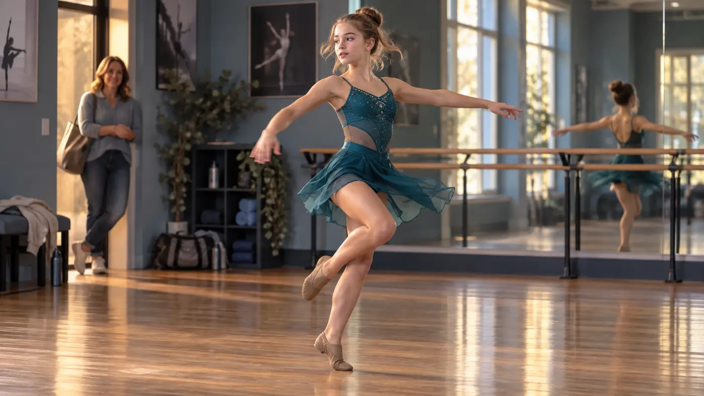 A competitive dancer practicing a turn in a studio while family and teachers observe.