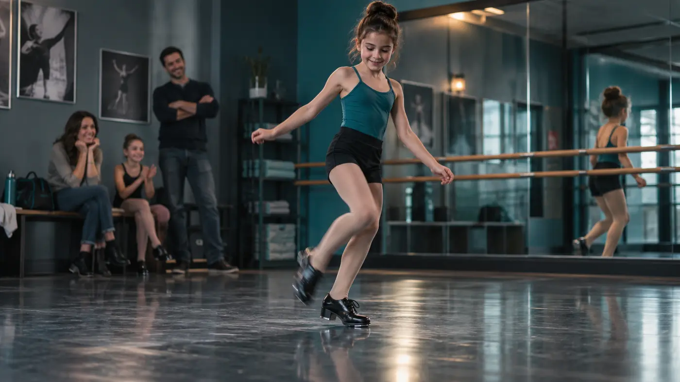 A tap dancer practicing in a studio with her class watching.